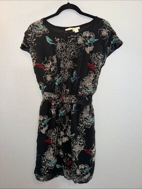 Black Floral & Bird Print Cap-Sleeve Dress